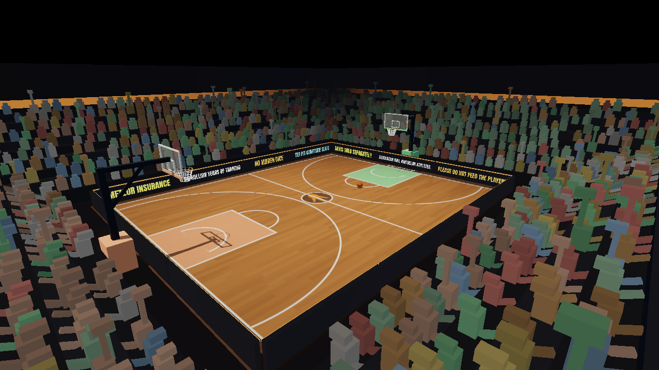 The house court from above, hardwood floor, a packed crowd on every side