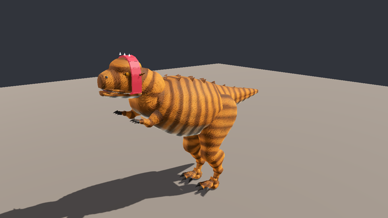 A tiger-striped T-rex wearing a red spiked headband