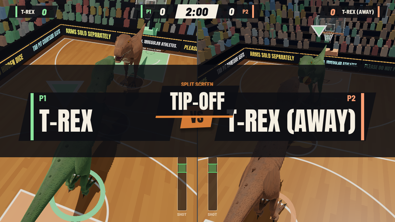 Two T-rexes at tip-off on a hardwood court, split screen, under the scorebug